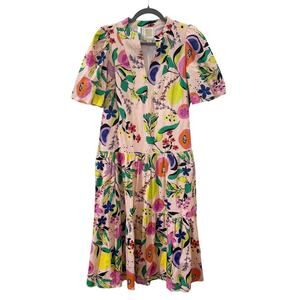 Emily McCarthy Floral Fruit Puff Sleeve Tiered Midi Dress Pink Size XS